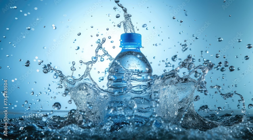 A splash accompanies a drinking water bottle, making it ideal for summer banners. A splash accompanies a drinking water bottle, making it ideal for summer banners.