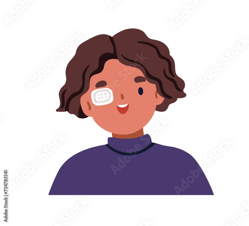 Happy kid wearing eye patch. Cute boy in medical cover, sight protection after injury, trauma, wound. Smiling child during eyesight recovery. Flat vector illustration isolated on white background