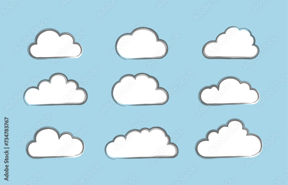 Clouds icon set on blue background. Stock illustration.