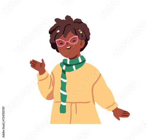 Happy black girl in eyeglasses, greeting with hi gesture. Cute smiling kid in...