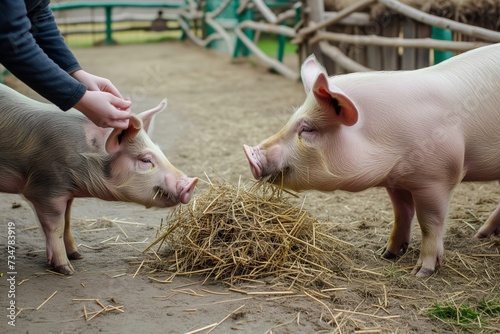 person giving fresh straw to pigs in an outdoor pen