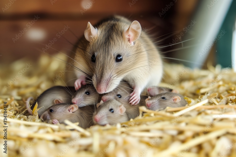female rat nursing a litter of pups - obrazy, fototapety, plakaty 