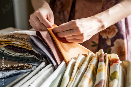 Hands carefully choosing from a stack of variously textured and patterned fabrics bathed in natural light. 
