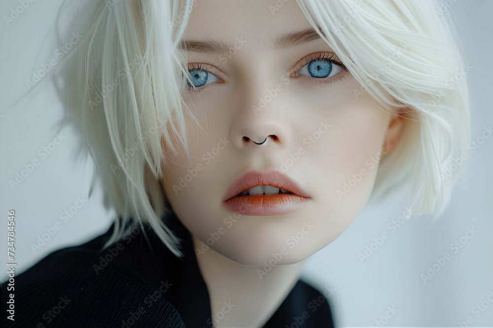 Studio fashion Portrait of Natural beauty white haired albino blue eyes businesswoman
