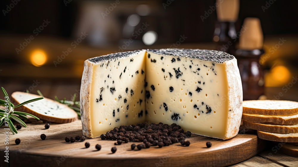 Tomme de Savoie French sliced cheese with black pepper on wooden board background with beautiful blurred bokeh rustic kitchen created with Generative AI Technology 
