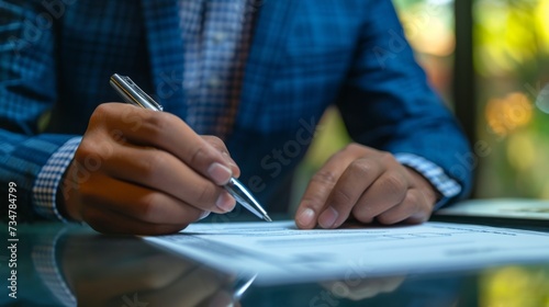 Close-up of male hands with pen over document