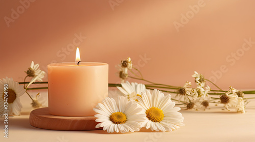 Lighted aromatic candles are placed on a wooden cream colored circular platform and Daisy flowers all around on a light beige background created with Generative AI Technology 