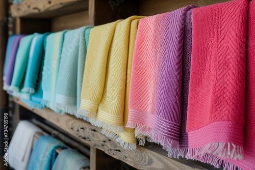 row of colorful hammam towels on wooden shelf photo