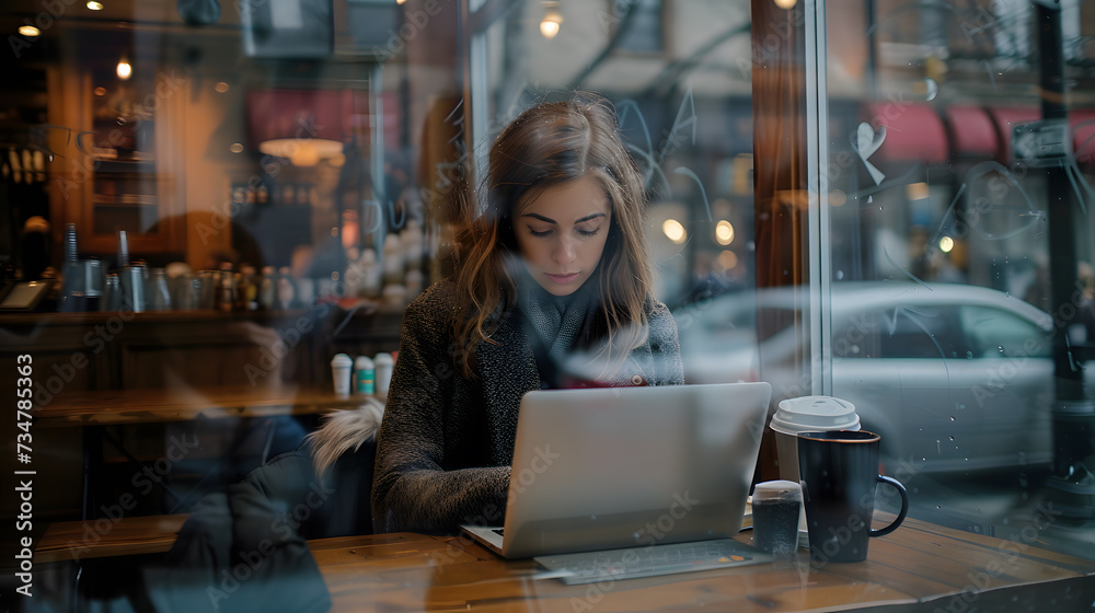 Fototapeta premium A photo of a woman working on her laptop in a coffee shop, reflected in a mirror, with a focused expression and a cup of coffee in her hand.