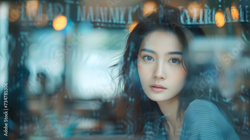 Candid Photo of Asian beautiful woman sitting by a glass window in a restaurant, caught off-guard, cinematic film tone.