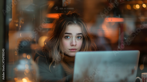 A photo of a woman working on her laptop in a coffee shop, reflected in a mirror, with a focused expression and a cup of coffee in her hand.
