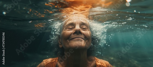 Vibrant close-up image showcasing a young woman's radiant smile as she enjoys a leisurely swim in the inviting blue waters.