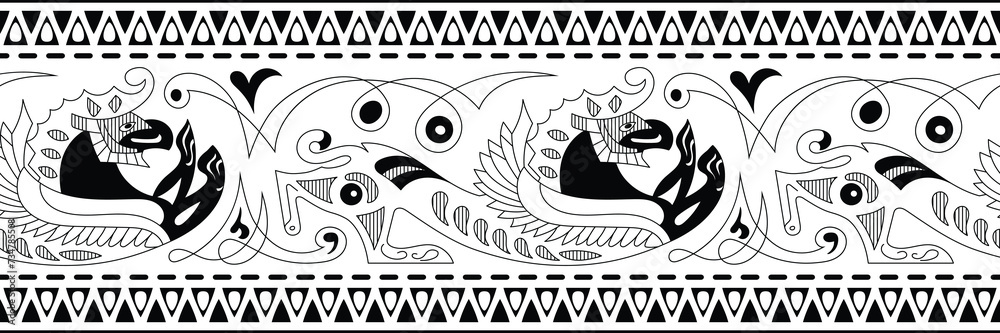 Seamless border, stylized drawing, ancient Scythian art, ethnic theme, vector design