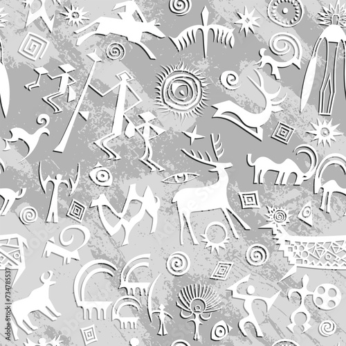 Seamless petroglyph pattern, rock paintings, light gray background, vector design