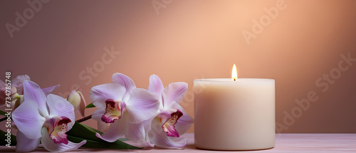 Lighted aromatic candles are placed on a wooden cream colored circular platform and purple orchid flowers all around on a light beige cream background created with Generative AI Technology 