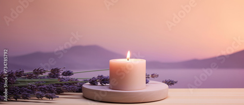 Lighted aromatic candles are placed on a wooden cream colored circular platform and Lavender flowers all around on a light purple background created with Generative AI Technology