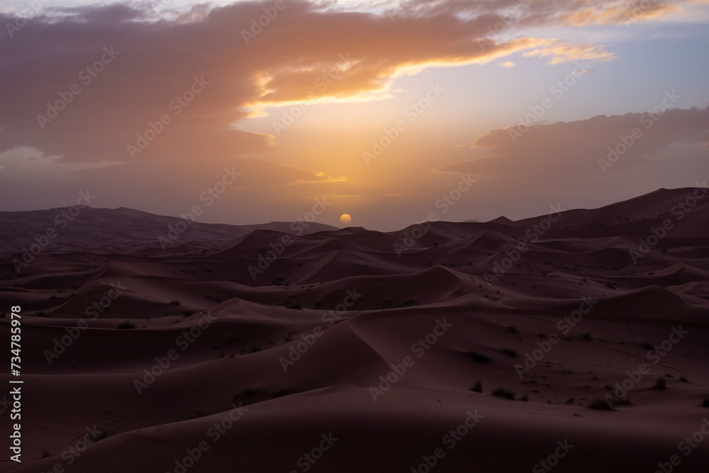 Vast desert landscape adorned with sandy dunes and a captivating sunset
