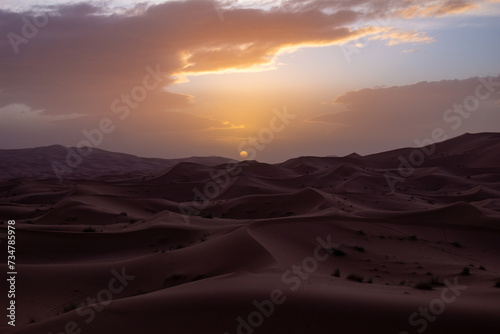 Vast desert landscape adorned with sandy dunes and a captivating sunset