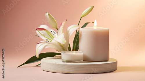 Lighted aromatic candles are placed on a wooden cream colored circular platform and white Lily flowers all around on a light beige background created with Generative AI Technology 