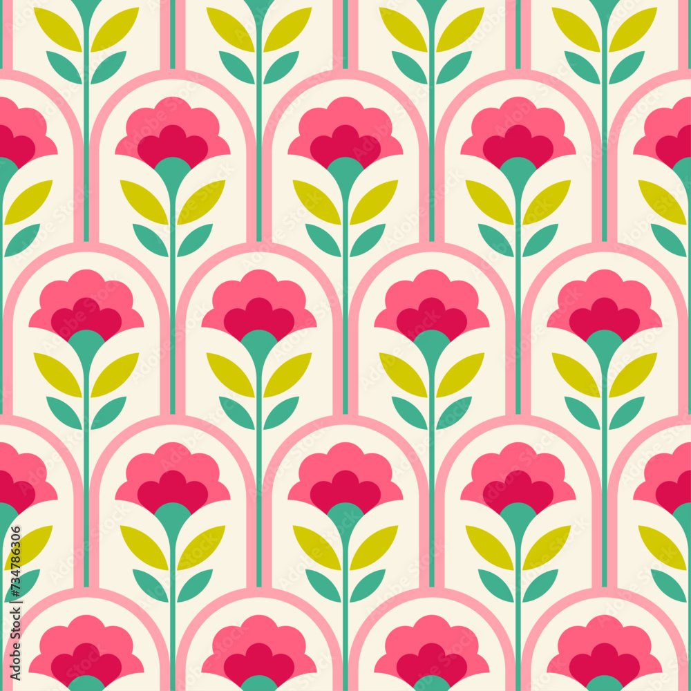 Retro cute pink geometric flower seamless pattern background.