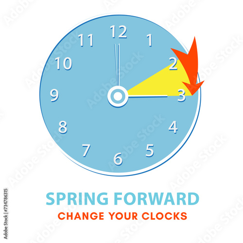 Spring Forward banner. Daylight saving time begins - clock turn forward one hour. Banner reminder. Vector illustration