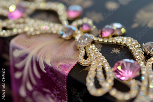 closeup of sparkling gems adorning a ribbon on a luxury gift box