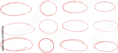 Red highlight circles, vector doodle set, isolated hand drawn ovals