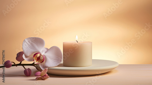 Lighted aromatic candles are placed on a wooden cream colored circular platform and purple orchid flowers all around on a light beige cream background created with Generative AI Technology 