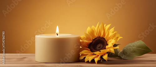 Lighted aromatic candles are placed on a wooden cream colored circular platform and Sunflowers flowers all around on a light yellow background created with Generative AI Technology 