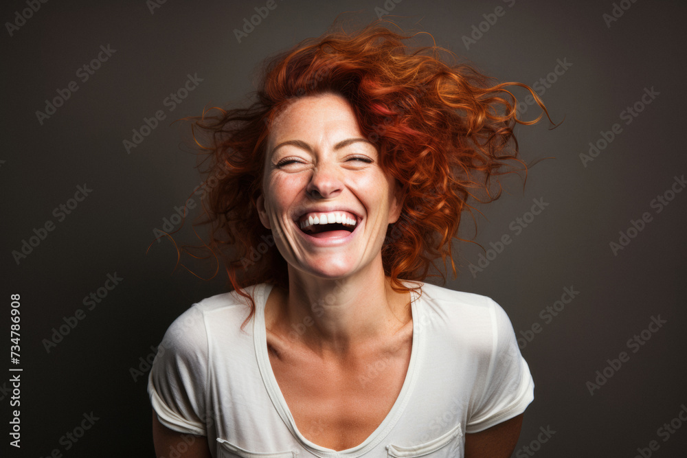 Radiant 40-Year-Old Woman with Curly Long Hair Leaning Forward and Laughing Against Dark Brown Background with Copy Space Radiant 40-Year-Old Woman with Curly Long Hair Leaning Forward and Laughing Against Dark Brown Background with Copy Space