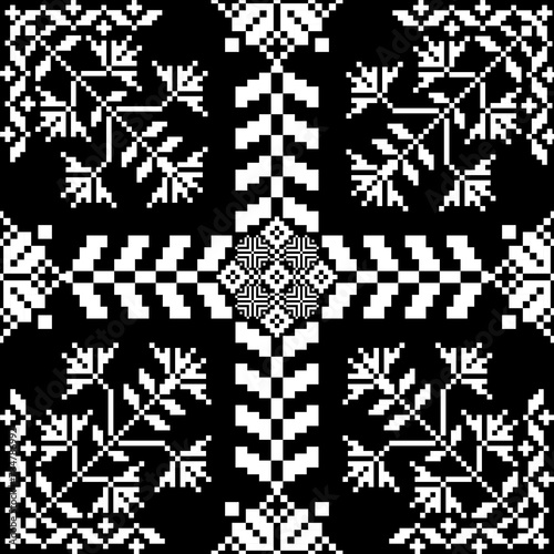 Floral pixel art pattern on white background. geometric ethnic oriental embroidery vector illustration. pixel style, abstract background, cross stitch. design for texture, fabric, cloth, scarf