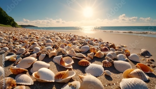 A lot of seashells on a sandy beach at noon