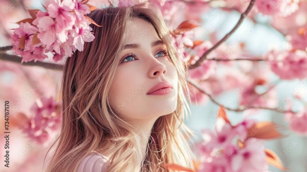 Spring girl photo. Portrait of tender woman at sakura flowers background. Hanami celebration in sakura blooming garden. Young stylish woman standing in sakura park and enjoy beauty of pink