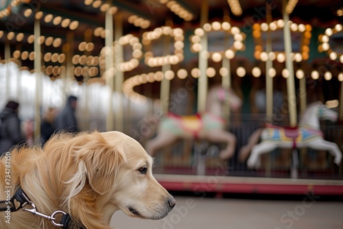 dog on a leash appears focused, blurred carousel spins in background