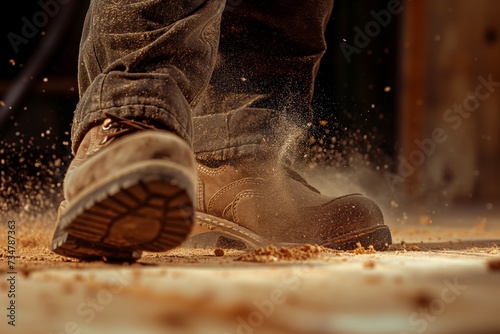 closeup on a lumberjacks boots stepping on sawdust photo