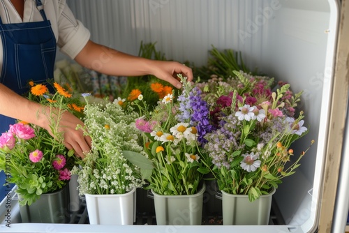 florist organizing a cooler with various flower bouquets photo