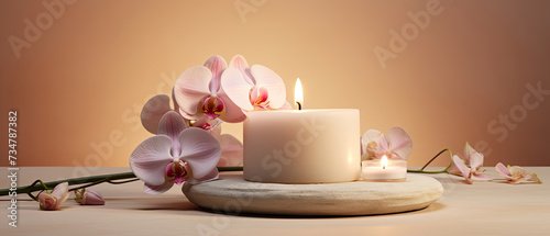 Lighted aromatic candles are placed on a wooden cream colored circular platform and pink orchid flowers all around on a light beige cream background created with Generative AI Technology 