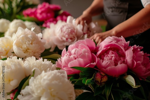 Fototapeta Naklejka Na Ścianę i Meble -  florist setting up a display of peonies
