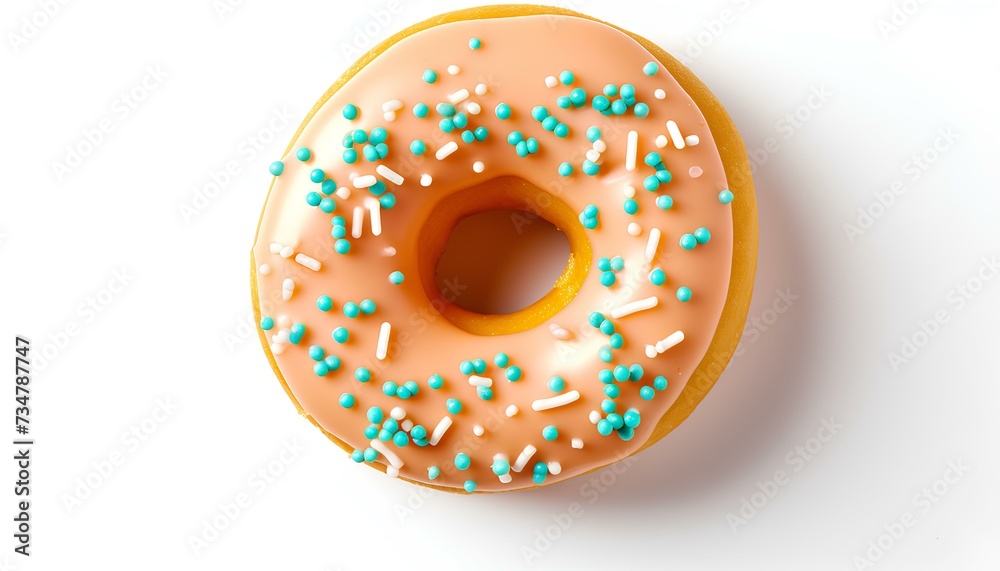 donut isolated on white background with shadow. donut with glazing and sprinkles on top. tasty donut top view. donut flat lay
