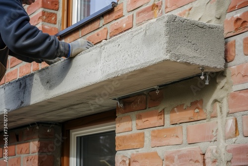 builder installing a concrete lintel over a brick window opening photo