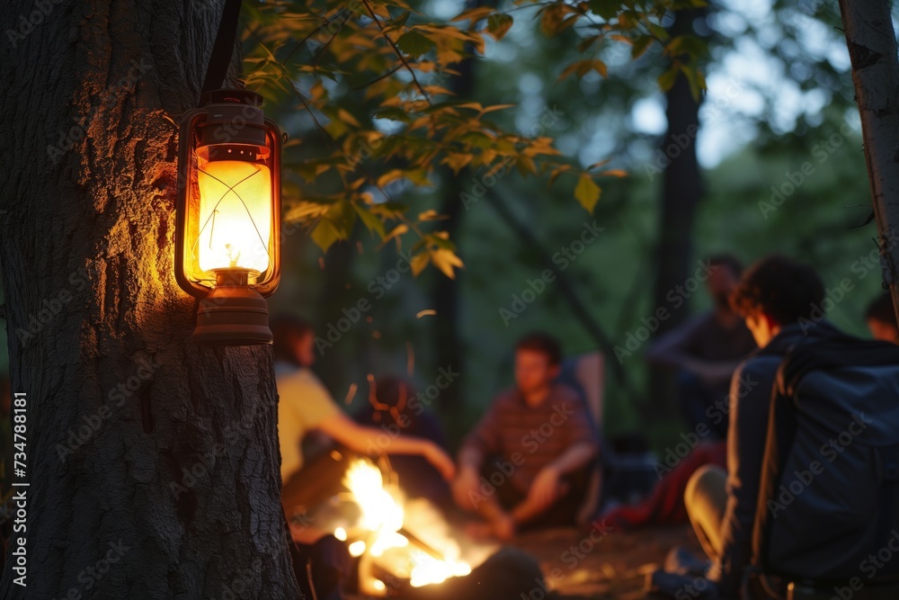 campers around a fire with a lantern on a tree