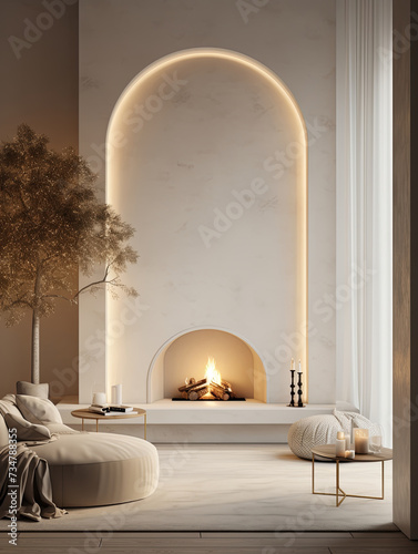 Minimalist interior with fireplace, plaster walls, furniture, tree and decor. Ai generated.