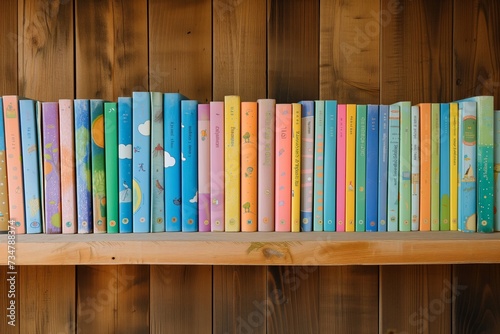 wooden shelf with row of colorful childrens books