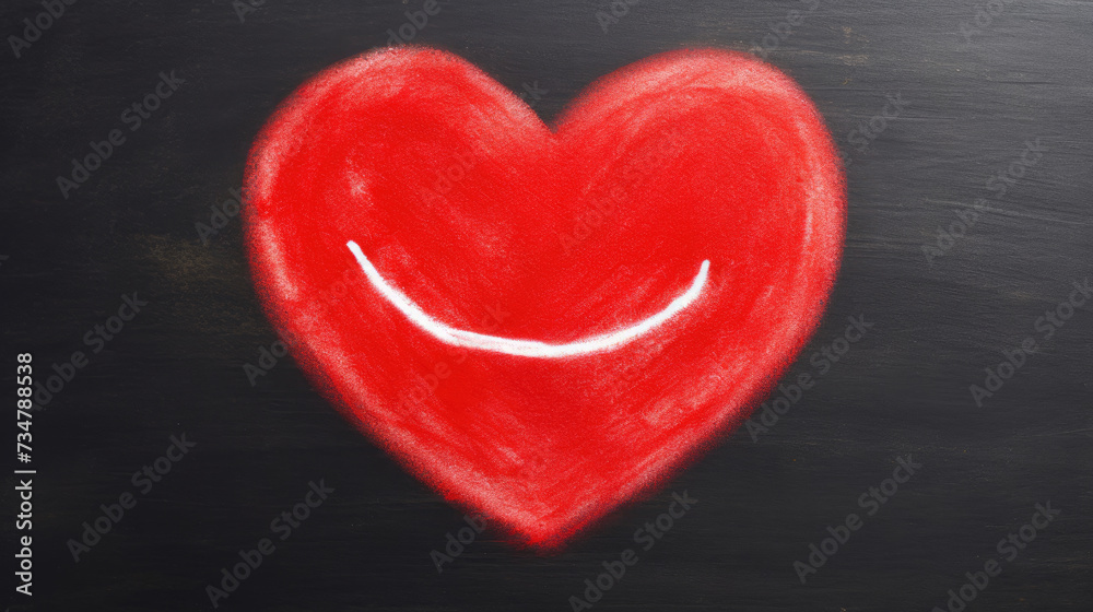 hand drawn love heart shape with smiley face with chalk on dark gray chalkboard