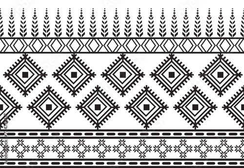 Tribal traditional fabric batik ethnic. ikat floral seamless pattern leaves geometric repeating Design for wallpaper, wrapping, fashion, carpet, clothing. Black and white