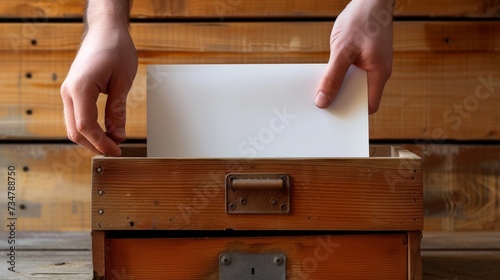 person is holding a piece of paper in a wooden box with visible text and handwriting