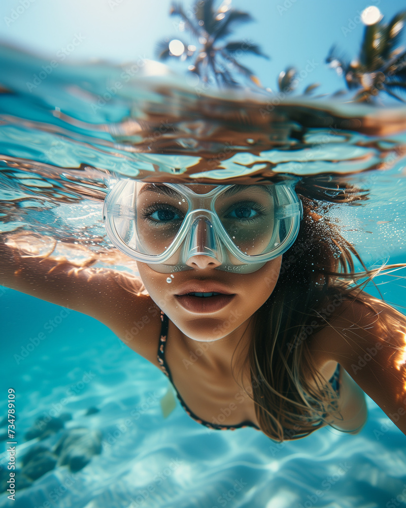 Naklejka premium Underwater View of Woman with Snorkeling Mask in Tropical Ocean in summer, perfect summertime 