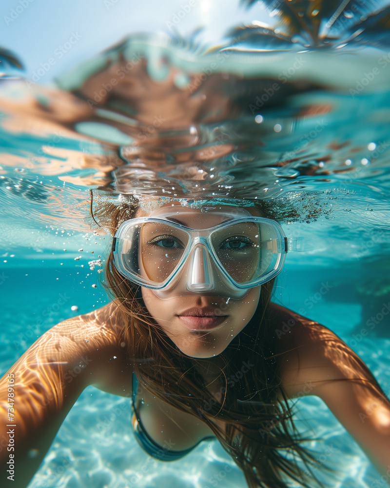 Naklejka premium Underwater View of Woman with Snorkeling Mask in Tropical Ocean in summer, perfect summertime