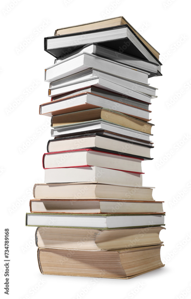 High stack of many different books isolated on white High stack of many different books isolated on white