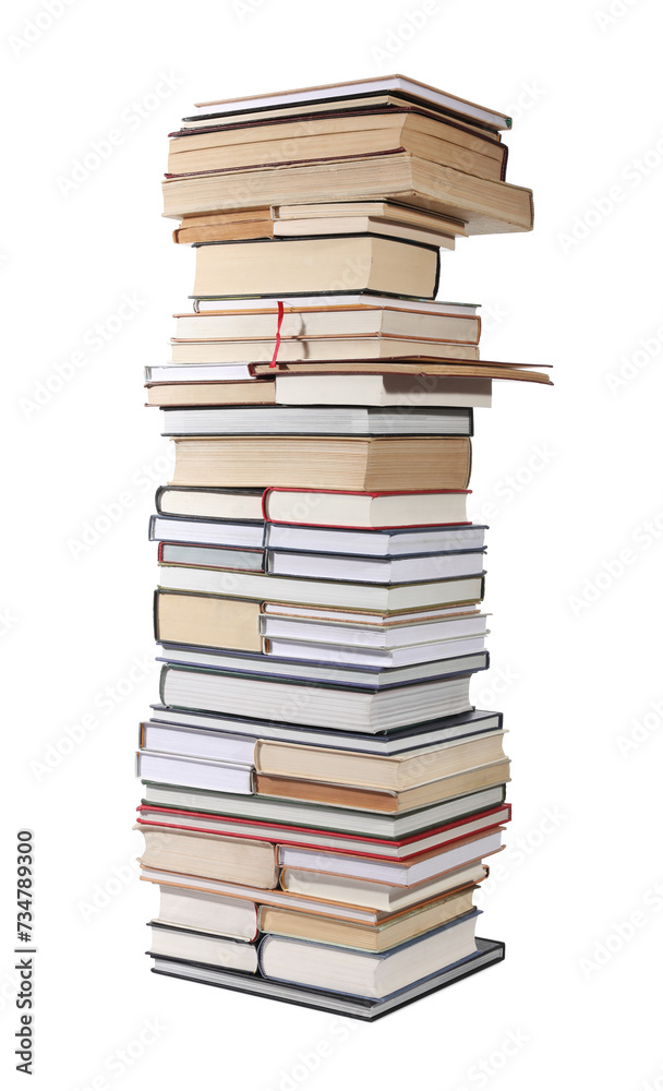 High stack of many different books isolated on white High stack of many different books isolated on white
